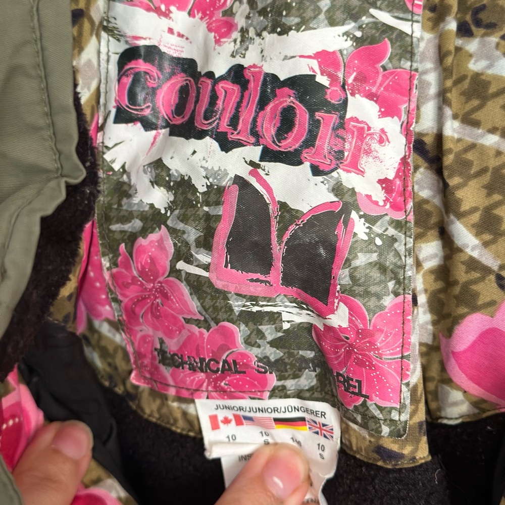 Girls snowboarding coat. Pink and olive green with flowers. Great used condition